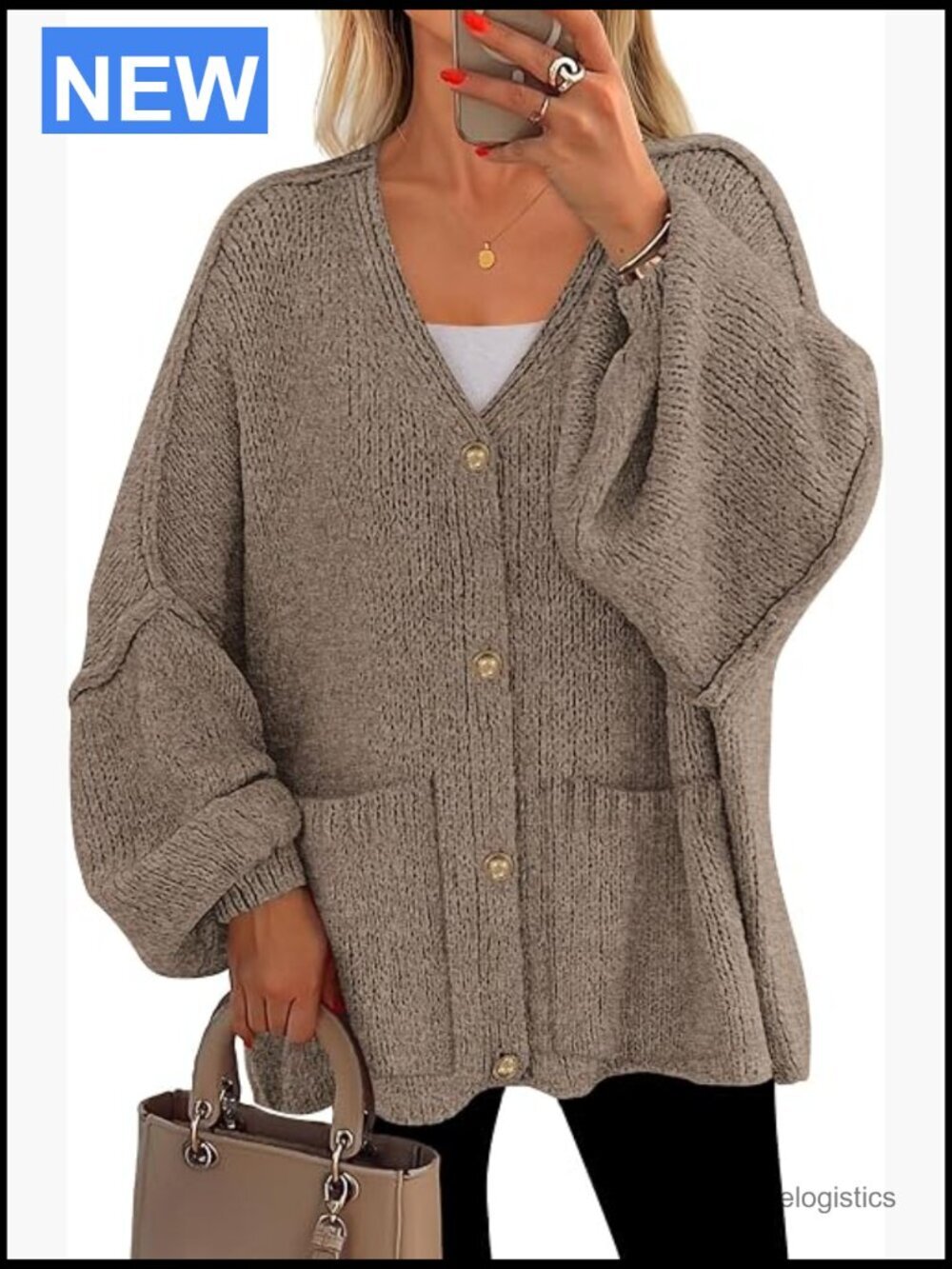 Chunky Oversized Cardigan Sweater with Pockets Long Lantern Sleeve V-Neck